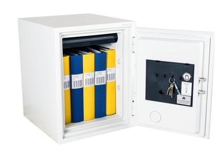 Brandsäkert dokumentskåp Fenix 73E, rymmer 5 st pärmar 60 minuters brandklass för både papper och datamaterial.