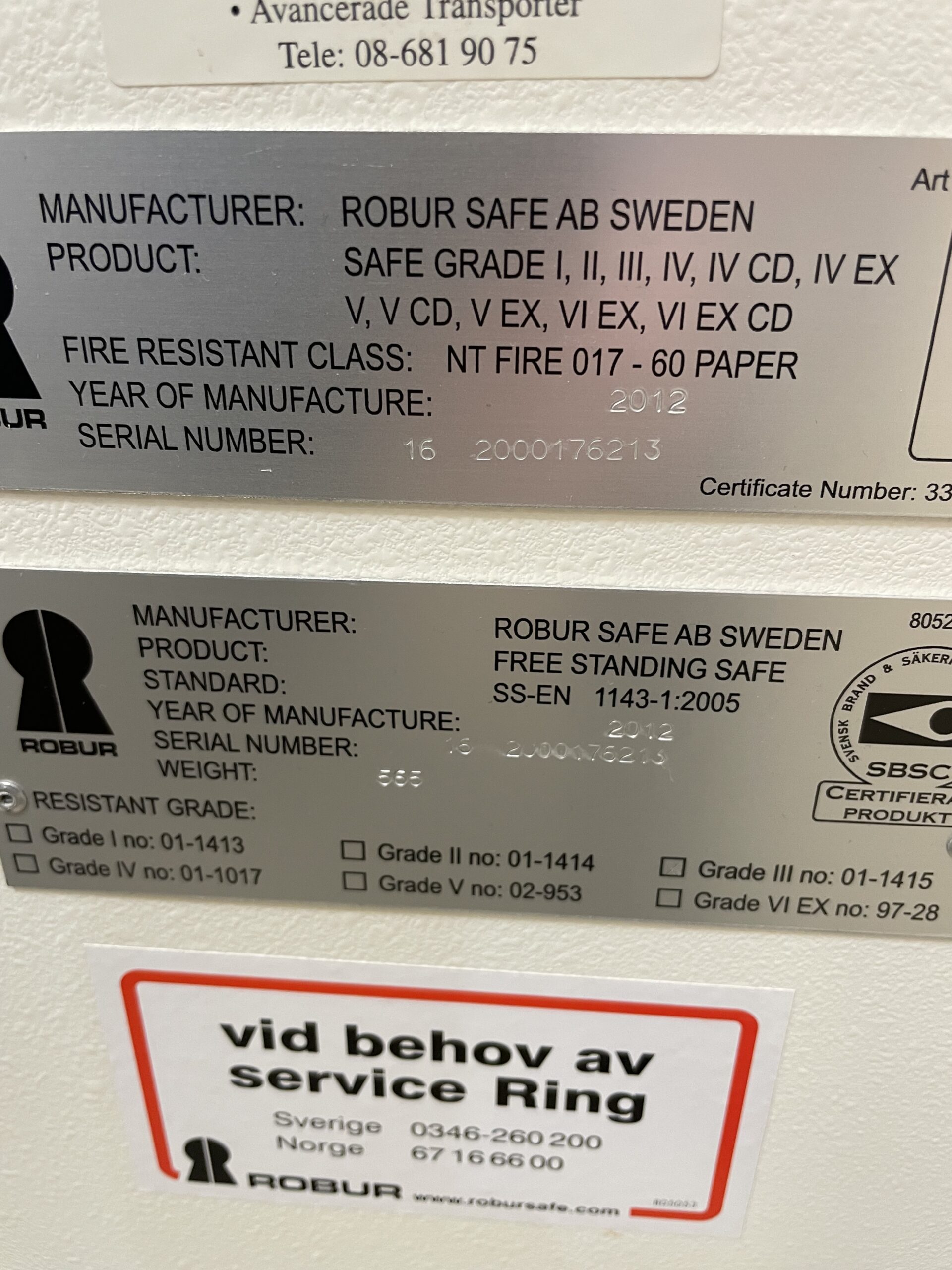 Robur Grade 3 modell 50 godkänd kontantskydd 210.000 kr utrustat med kodlås. Även godkänt för 40 stycken vapenpoäng. - Bild 3